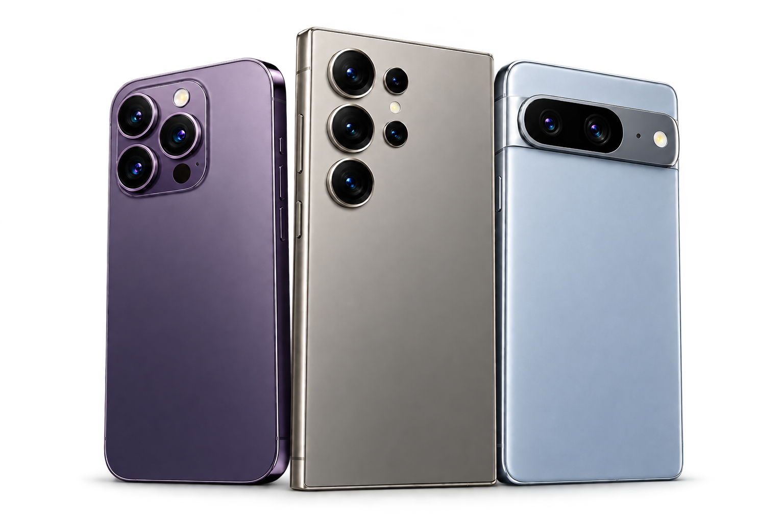 Three premium modern smartphones shown together from the back